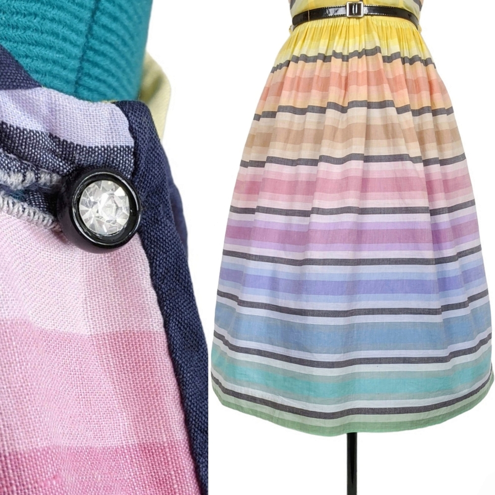 1950s Rainbow Dress 50s Vintage Fit N Flare Summer Tea Retro XS Rhinestone RARE - Picture 7 of 11